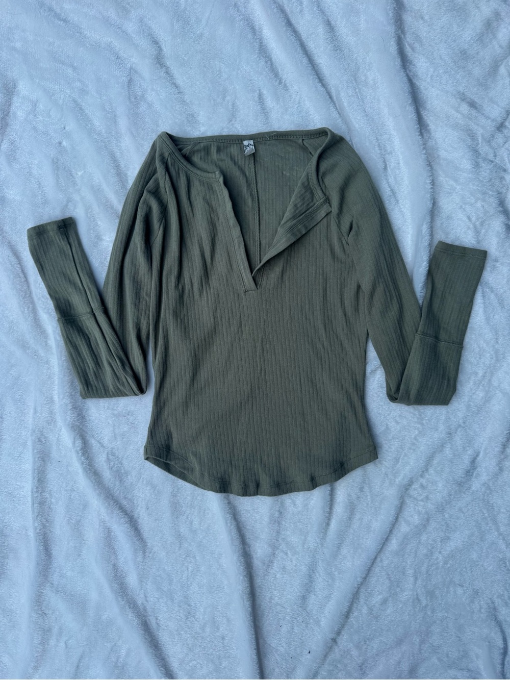 Free People Olive Green Ribbed V-Neck Long Sleeve Top